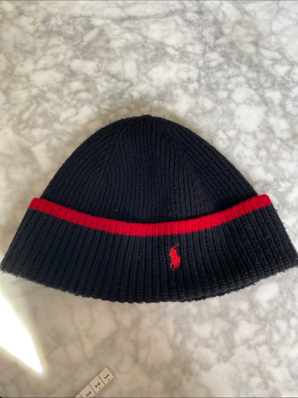 Polo by Ralph Lauren Black Ribbed Knit Beanie with Red Stripe
